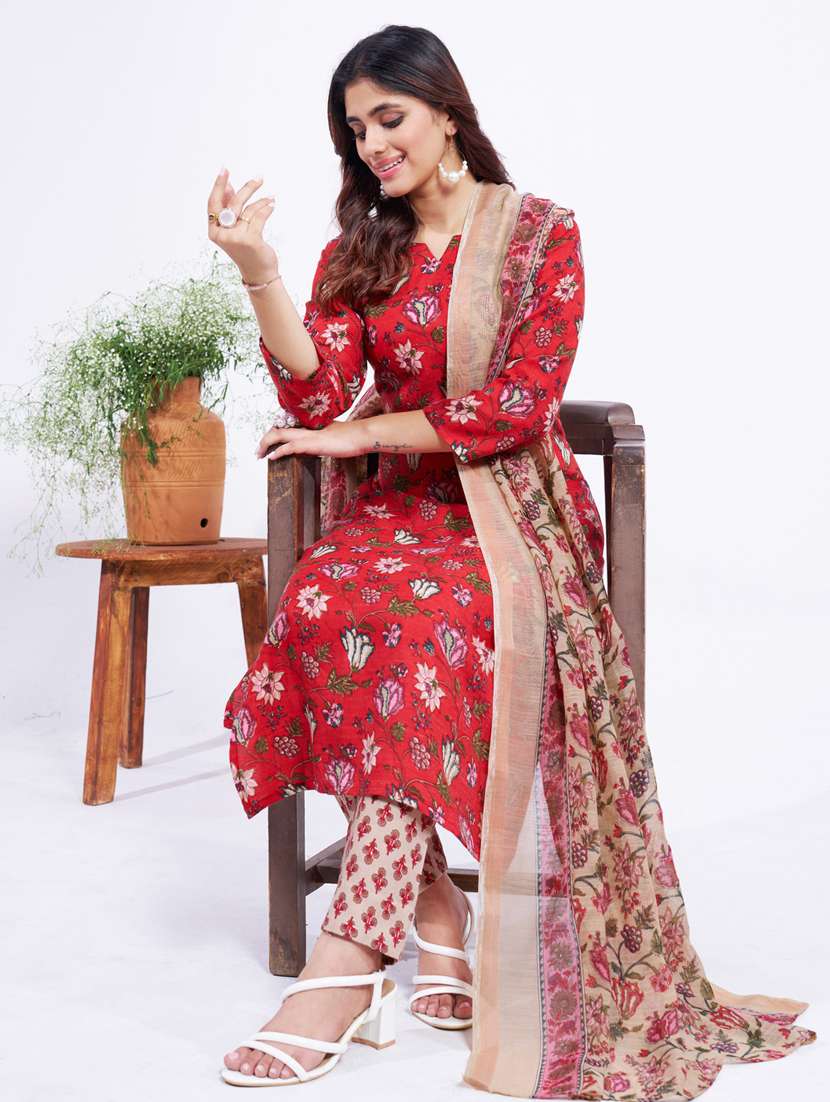 women printed three quarter sleeve kurta pant with dupatta set - 22014233 - Standard Image - 3