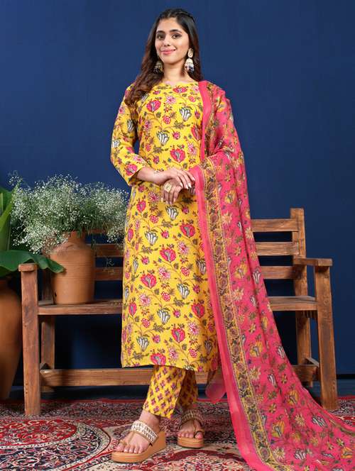 women printed three quarter sleeve kurta pant with dupatta set - 22014235 -  Standard Image - 0
