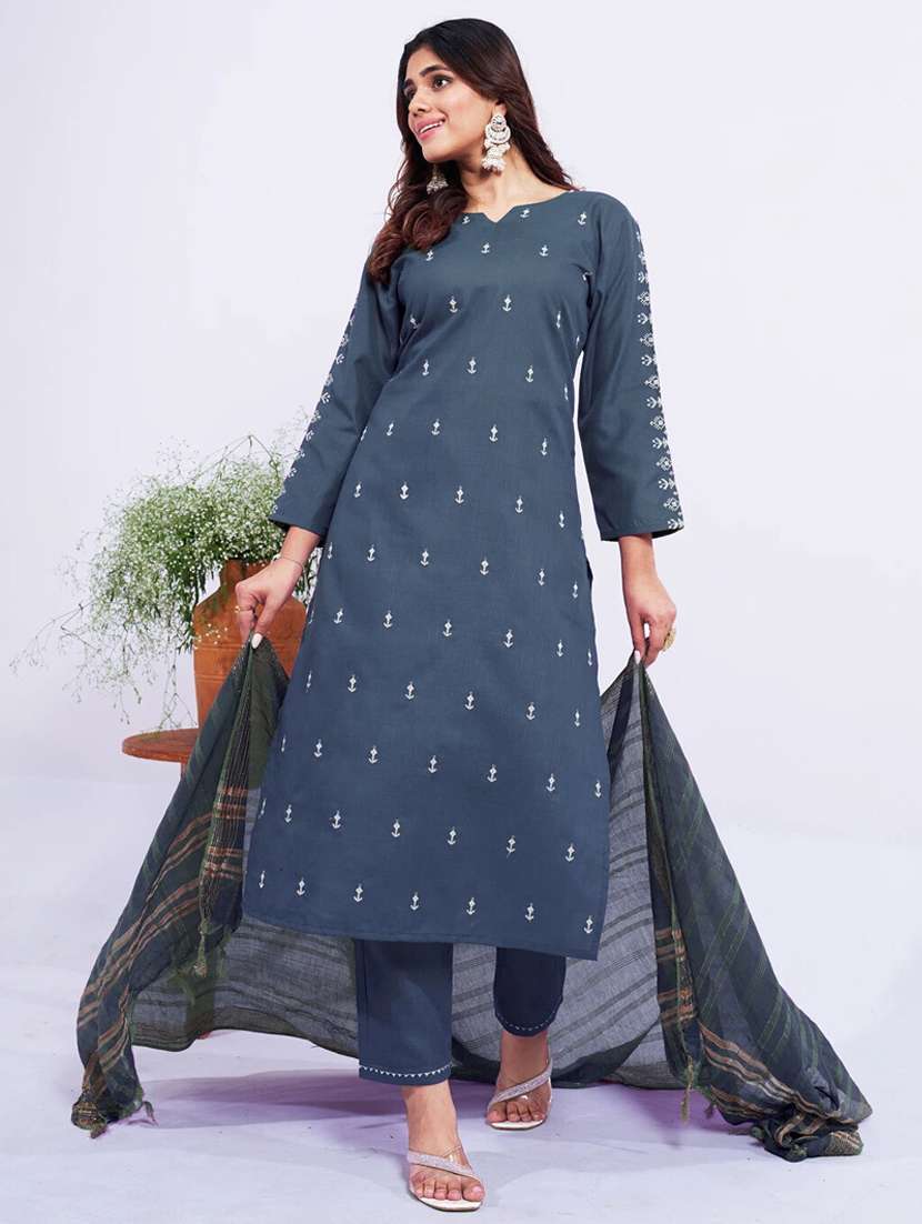 women embroidered three quarter sleeve kurta pant with dupatta set