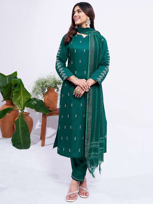 women embroidered three quarter sleeve kurta pant with dupatta set - 22014244 -  Standard Image - 0