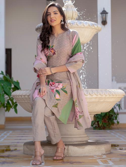 women floral print three quarter sleeve kurta pant with dupatta set - 22014245 - Standard Image - 0