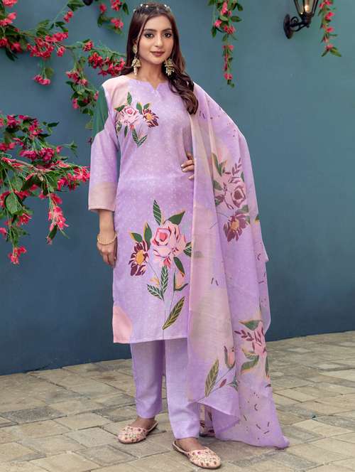 women floral print three quarter sleeve kurta pant with dupatta set - 22014247 - Standard Image - 0