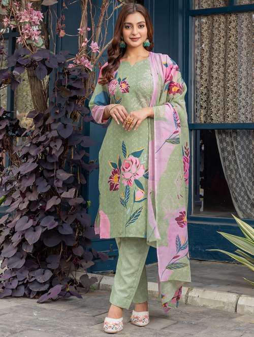 women floral print three quarter sleeve kurta pant with dupatta set - 22014248 - Standard Image - 0