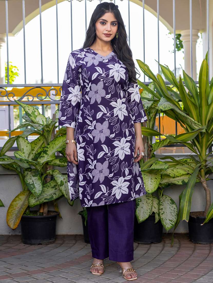women printed three quarter sleeve kurta and pant set - 22014252 - Zoom Image - 0