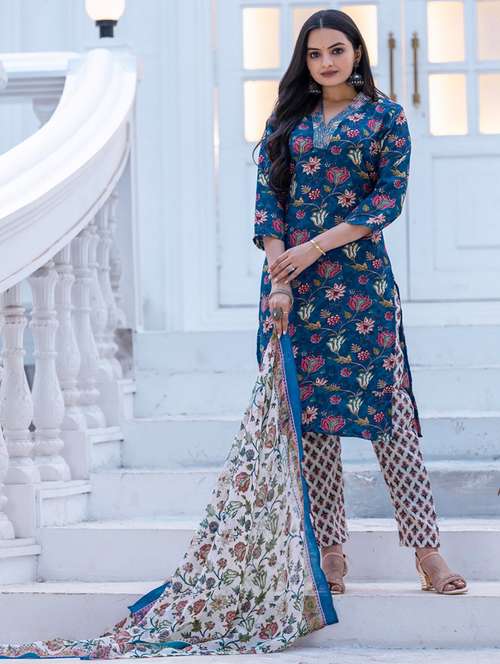 women floral print three quarter sleeve kurta pant with dupatta set - 22014259 - Standard Image - 0