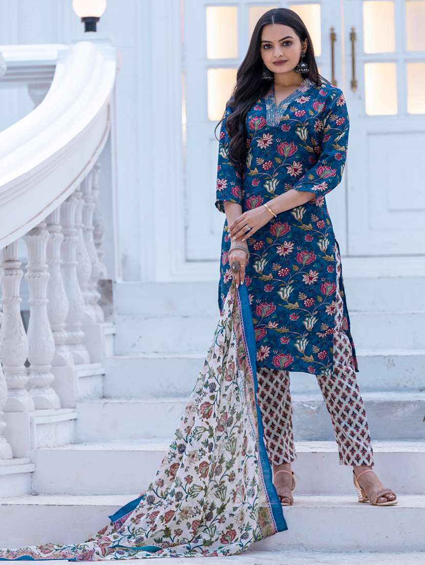 women floral print three quarter sleeve kurta pant with dupatta set - 22014259 - Zoom Image - 0