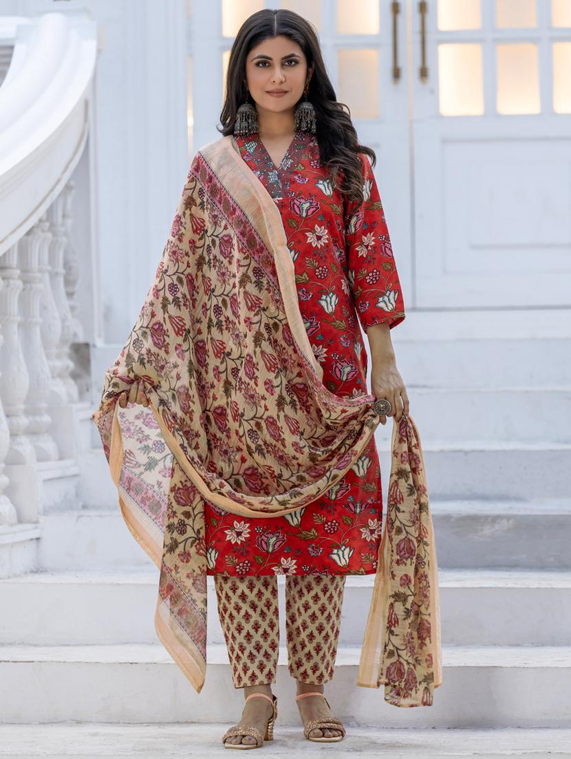 women floral print three quarter sleeve kurta pant with dupatta set - 22014260 - Standard Image - 3