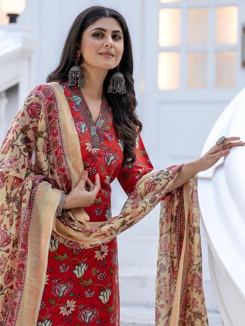 women floral print three quarter sleeve kurta pant with dupatta set - 22014260 - Standard Image - 5