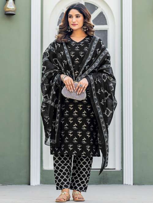 women printed three quarter sleeve kurta pant with dupatta set - 22014263 - Standard Image - 0