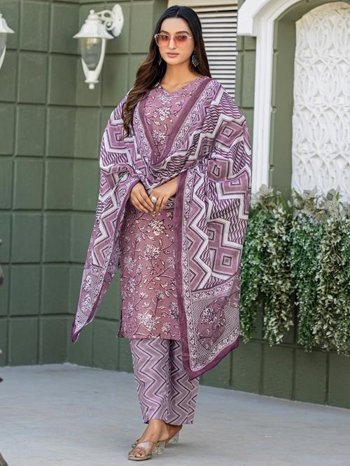 women printed three quarter sleeve kurta pant with dupatta set - 22014265 -  Standard Image - 0