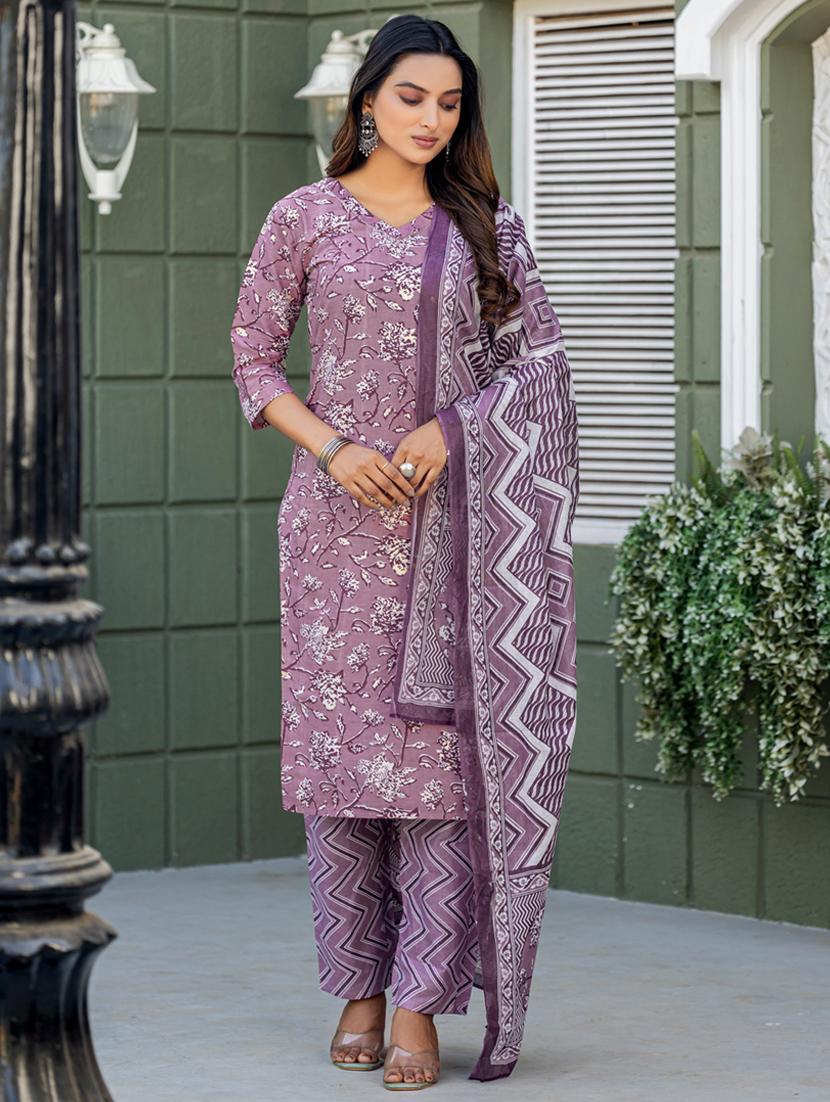 women printed three quarter sleeve kurta pant with dupatta set - 22014265 - Standard Image - 3