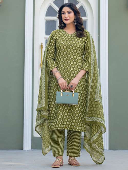 women printed three quarter sleeve kurta pant with dupatta set - 22014267 -  Standard Image - 0