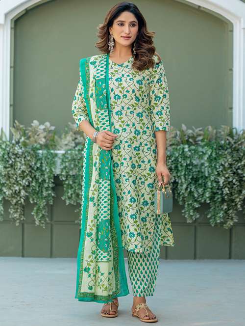women printed three quarter sleeve kurta pant with dupatta set - 22014272 -  Standard Image - 0