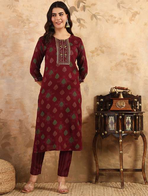 women printed three quarter sleeve kurta and pant set - 22014282 -  Standard Image - 0