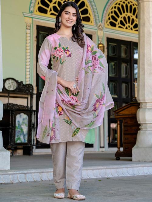 women printed three quarter sleeve kurta pant with dupatta set - 22014289 - Standard Image - 0