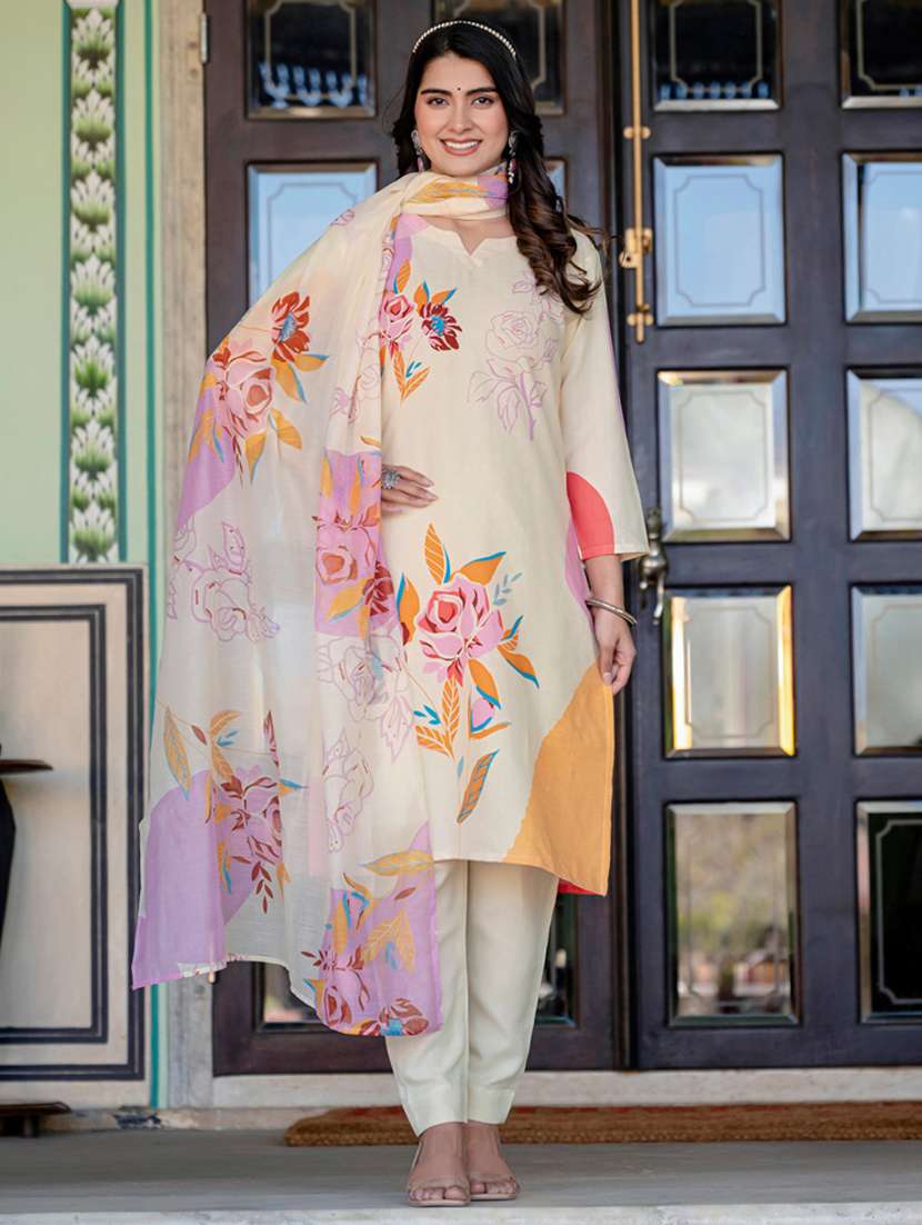 women printed three quarter sleeve kurta pant with dupatta set