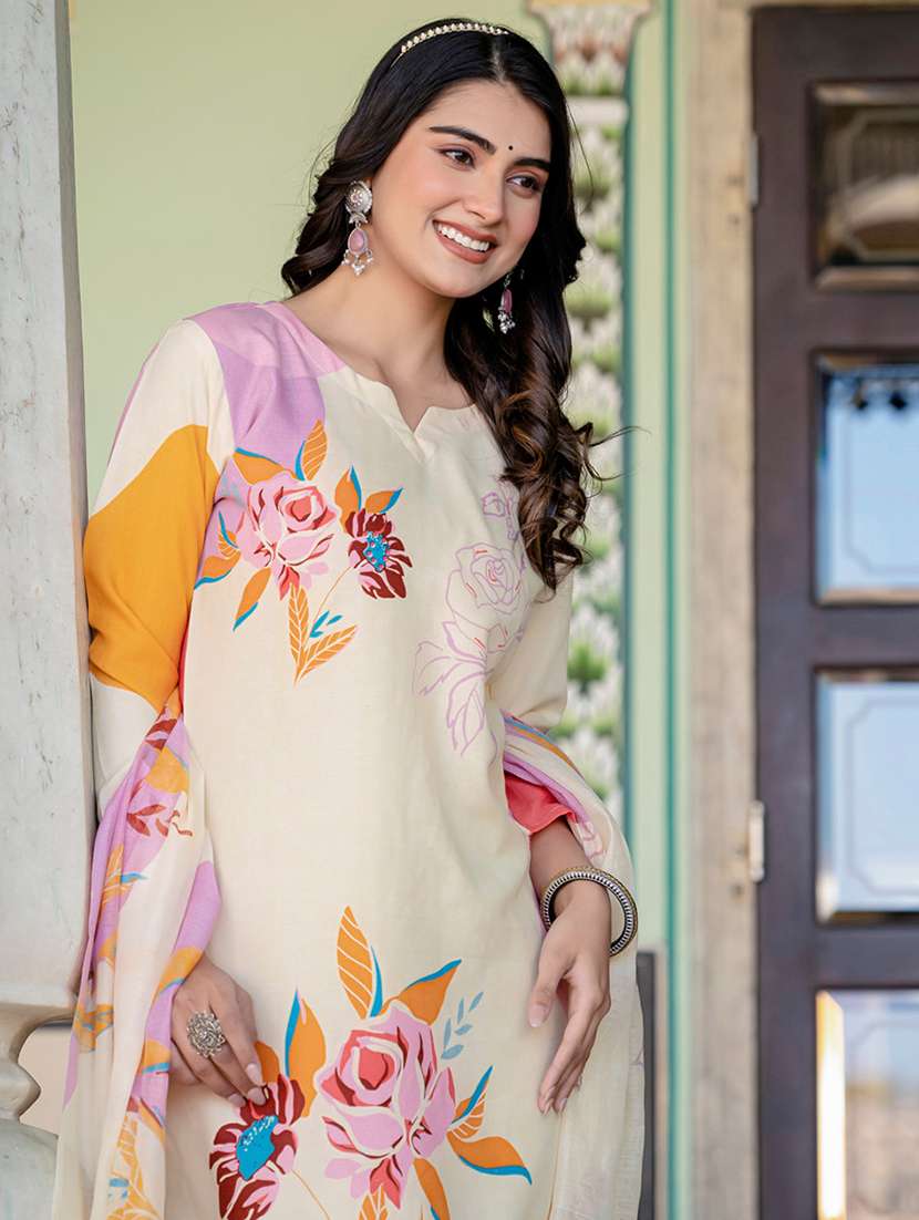 women printed three quarter sleeve kurta pant with dupatta set - 22014290 - Standard Image - 5