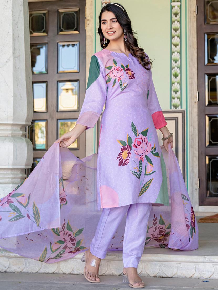 women printed three quarter sleeve kurta pant with dupatta set - 22014291 - Standard Image - 3