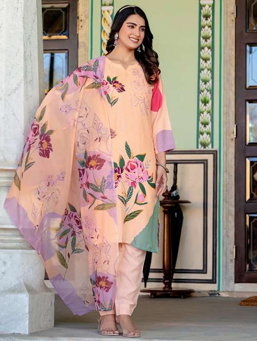 women printed three quarter sleeve kurta pant with dupatta set - 22014293 -  Standard Image - 0