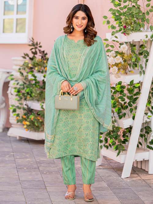 women three quarter sleeve kurta pant with dupatta set - 22014304 -  Standard Image - 0