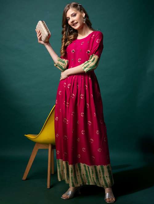 women printed three quarter sleeve anarkali kurta - 22014314 -  Standard Image - 0