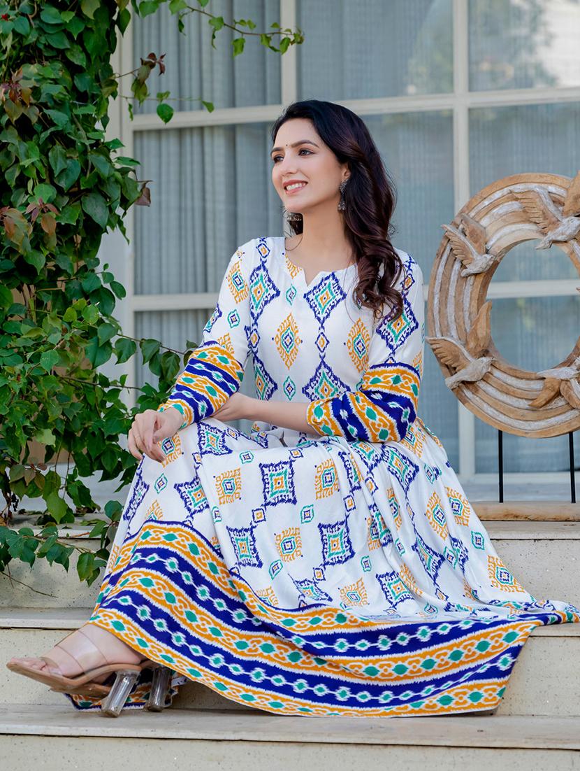 women printed three quarter sleeve anarkali kurta - 22014316 - Standard Image - 5