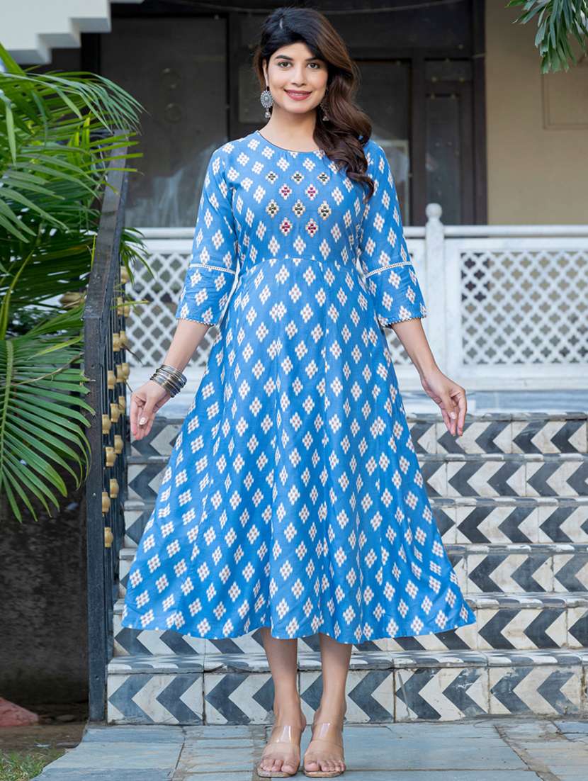 women printed three quarter sleeve anarkali kurta - 22014318 - Standard Image - 3