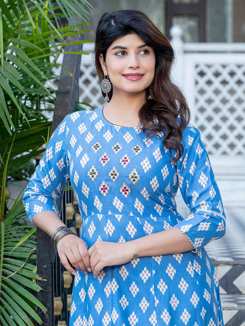 women printed three quarter sleeve anarkali kurta - 22014318 - Standard Image - 5
