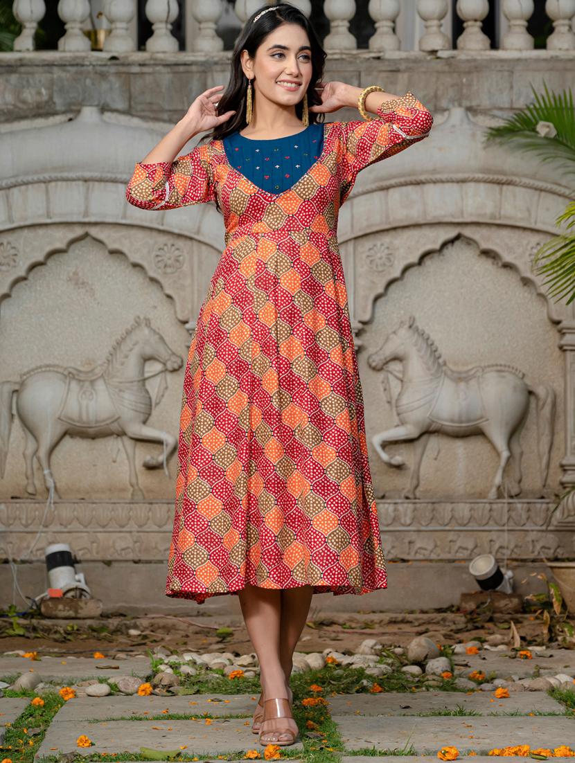 women printed three quarter sleeve anarkali kurta - 22014324 -  Zoom Image - 0