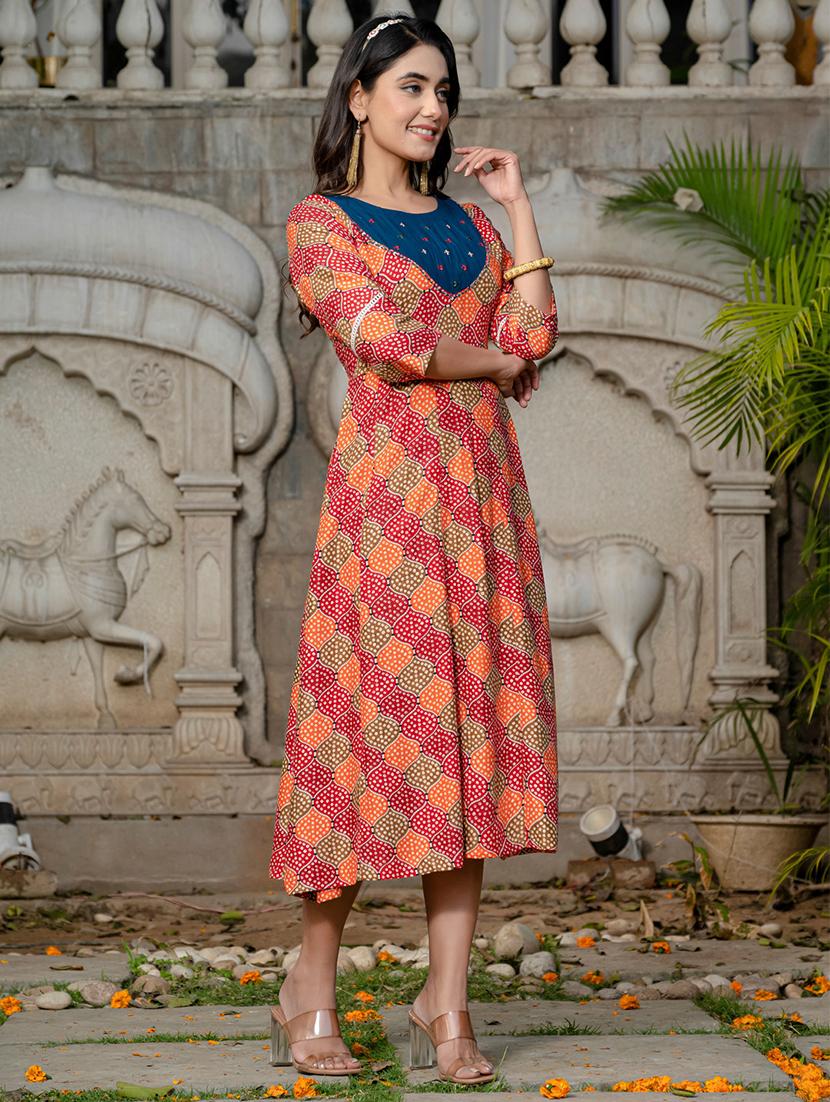 women printed three quarter sleeve anarkali kurta - 22014324 - Standard Image - 3