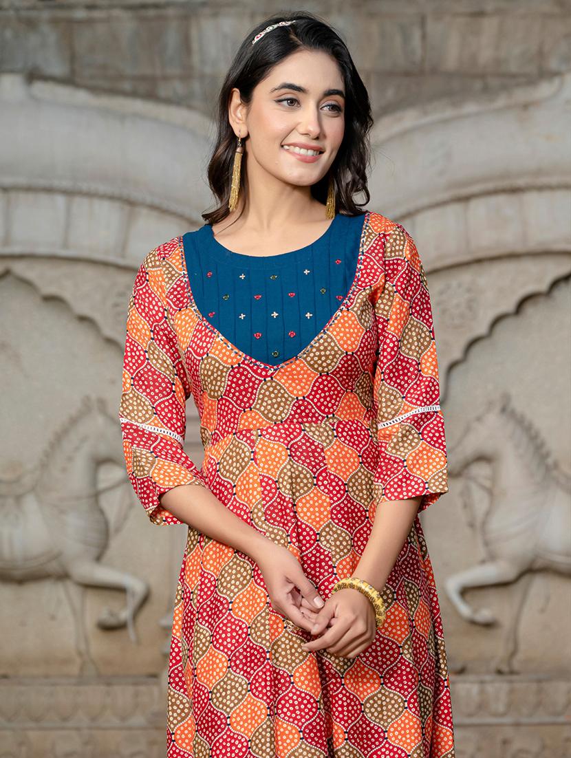 women printed three quarter sleeve anarkali kurta - 22014324 - Standard Image - 5