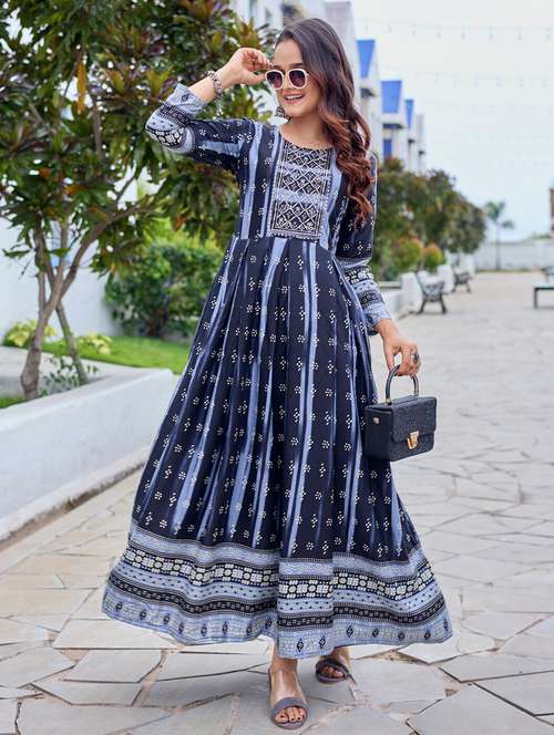 women printed three quarter sleeve anarkali kurta - 22014325 - Standard Image - 0