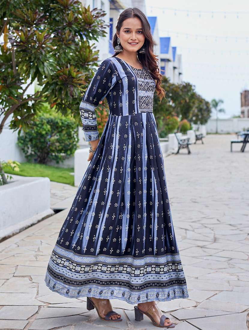 women printed three quarter sleeve anarkali kurta - 22014325 - Standard Image - 3