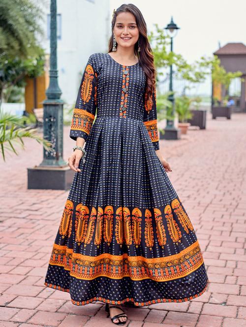 women printed three quarter sleeve anarkali kurta - 22014326 - Standard Image - 0