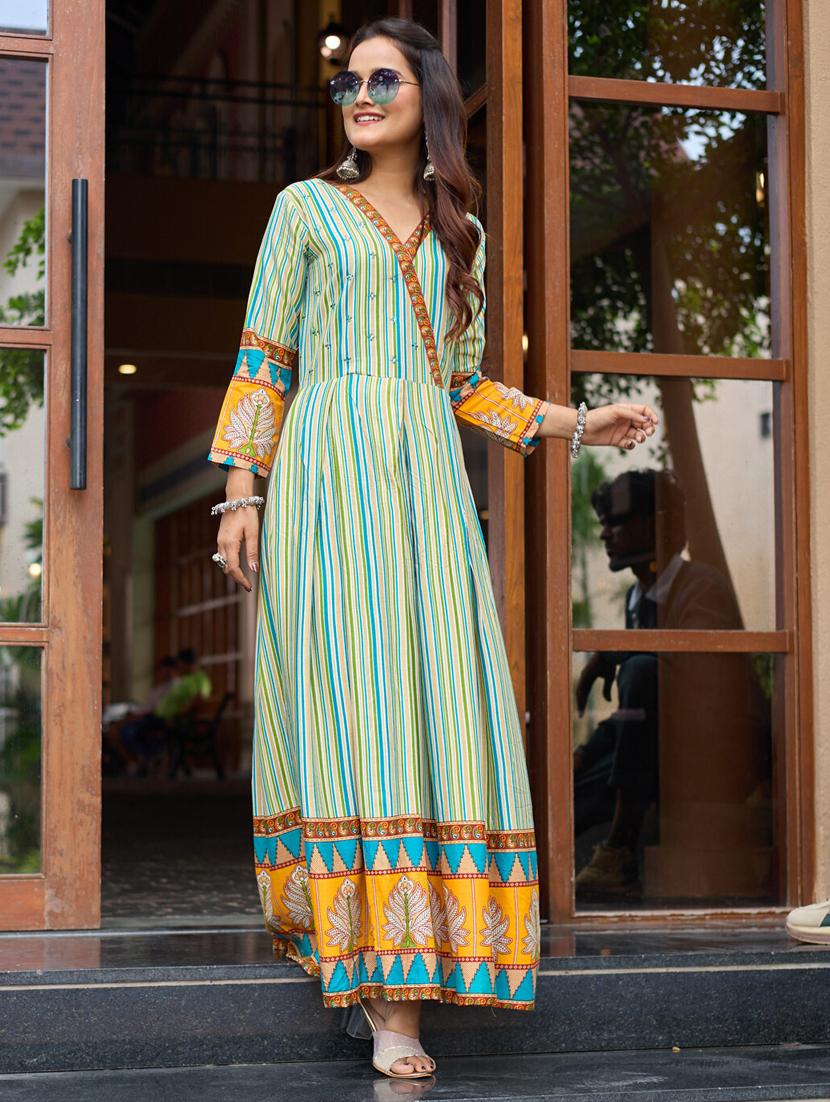 women striped three quarter sleeve anarkali kurta - 22014328 - Standard Image - 3