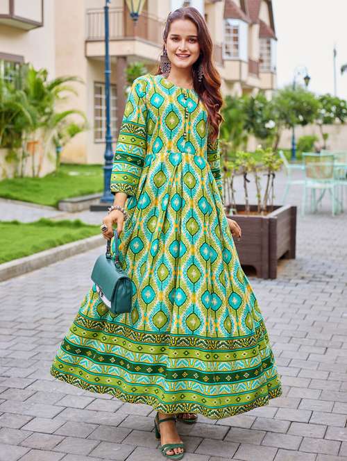 women printed three quarter sleeve anarkali kurta - 22014330 - Standard Image - 0