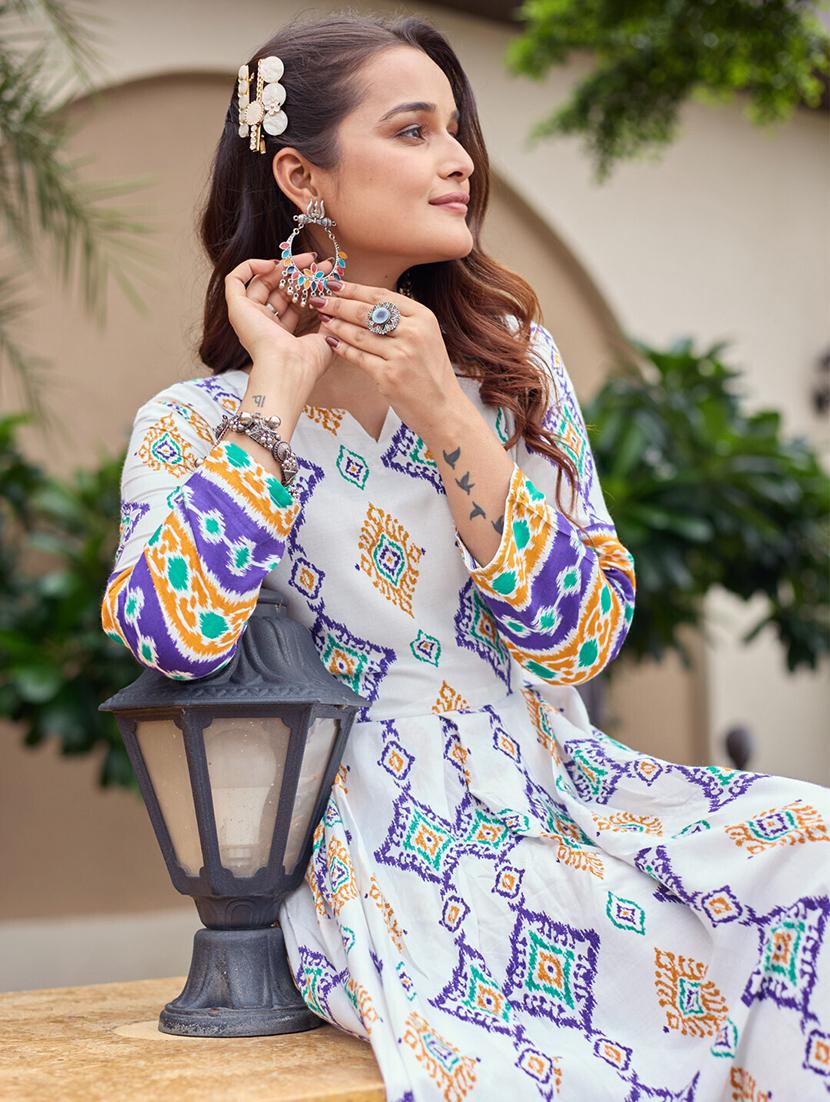 women printed three quarter sleeve anarkali kurta - 22014334 - Standard Image - 5