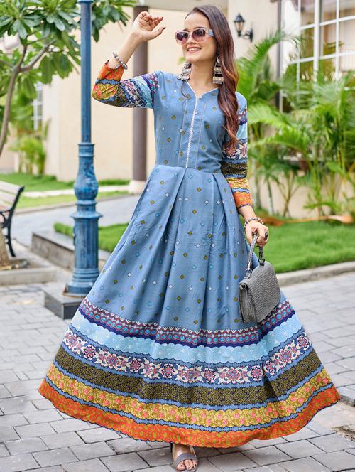 women printed three quarter sleeve anarkali kurta - 22014340 - Standard Image - 0