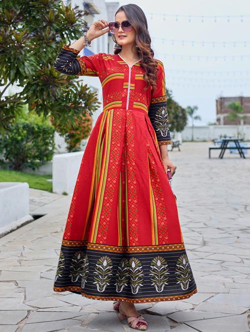 women printed three quarter sleeve anarkali kurta - 22014341 -  Standard Image - 0