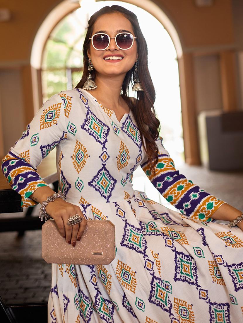 women printed three quarter sleeve anarkali kurta - 22014342 - Standard Image - 5