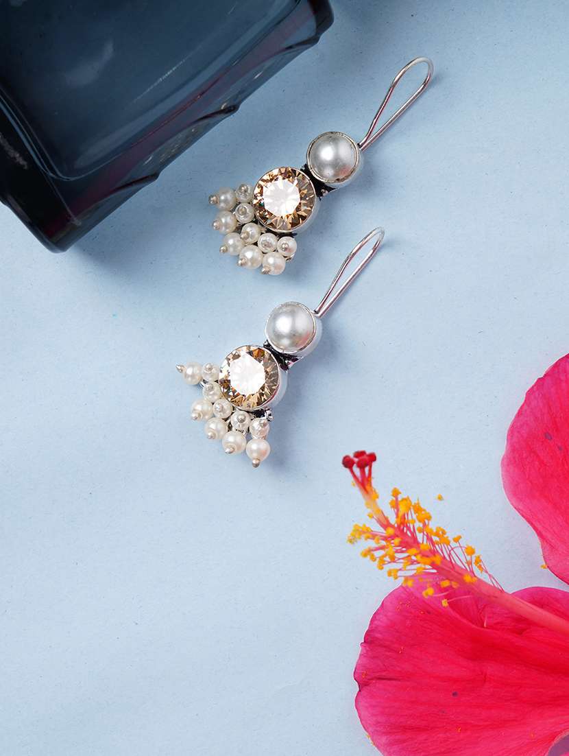 peach & silver toned classic design crystal drop earrings