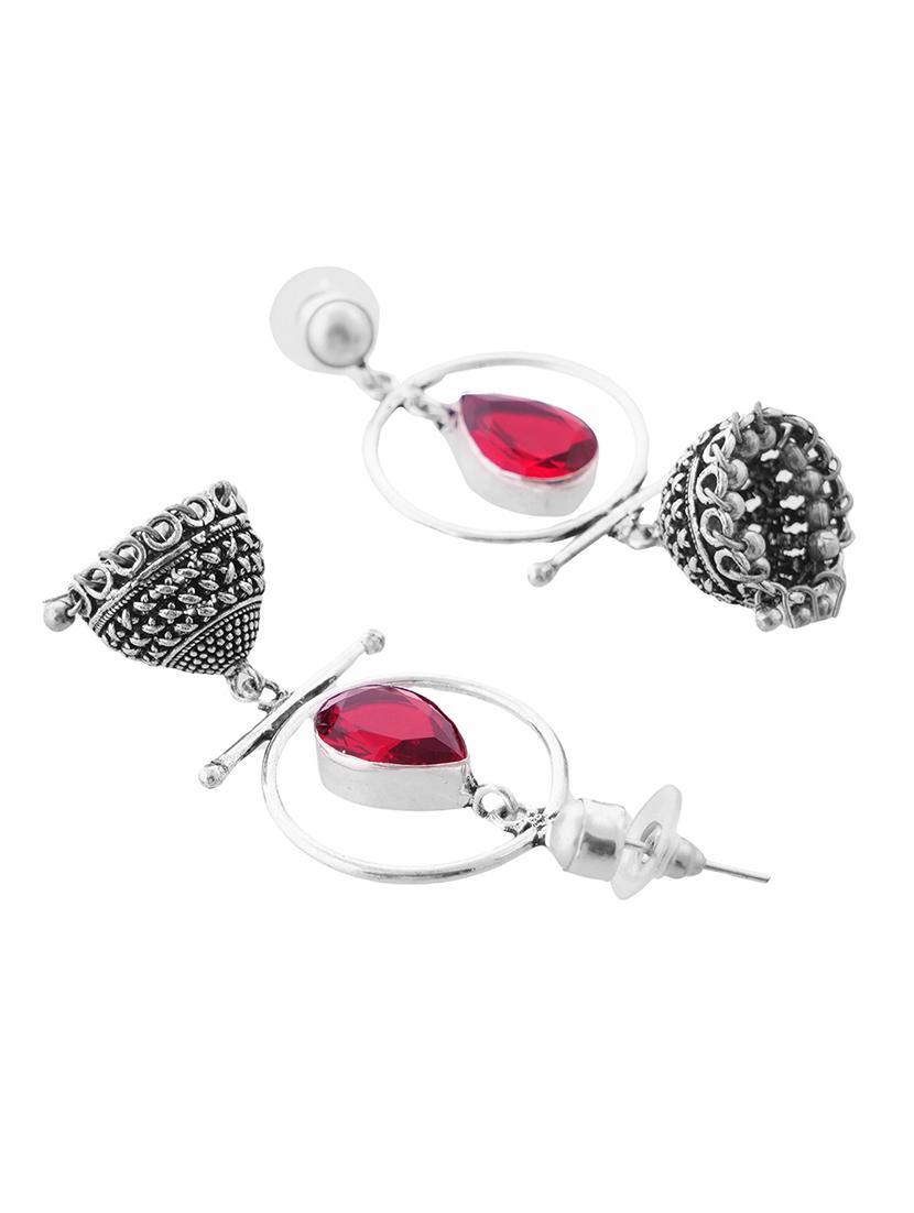 red & silver toned classic design crystal drop jhumki - 22014461 - Standard Image - 3