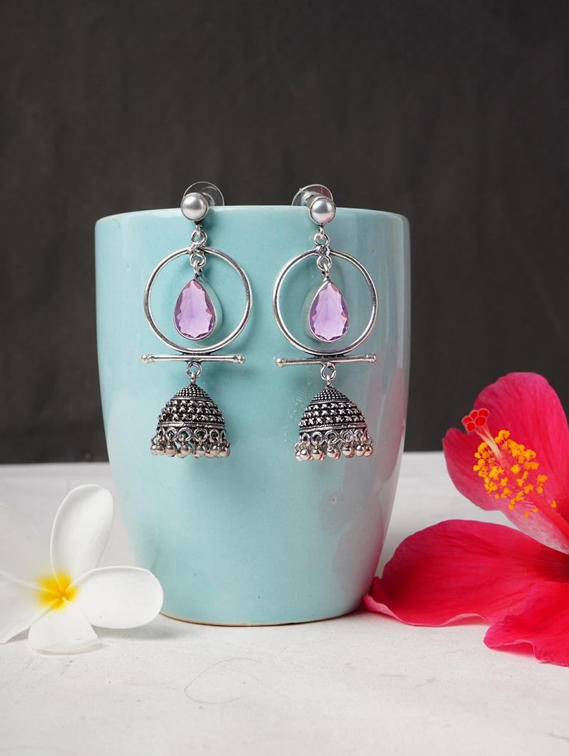 purple & silver toned classic design crystal drop jhumki - 22014462 -  Zoom Image - 0