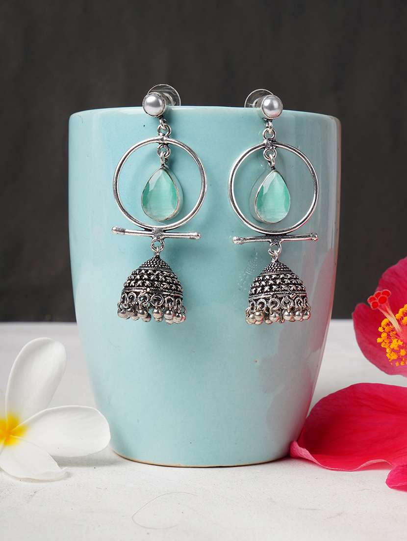 green & silver toned classic design crystal drop jhumki - 22014463 - Zoom Image - 0