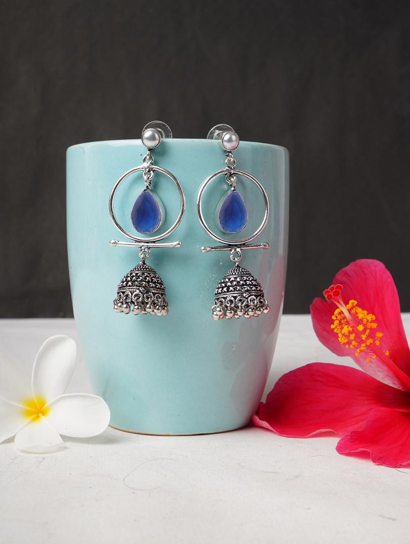 blue & silver toned classic design crystal drop jhumki - 22014466 - Zoom Image - 0