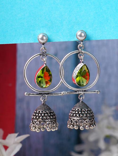 green & silver toned classic design crystal drop jhumki - 22014467 -  Standard Image - 0