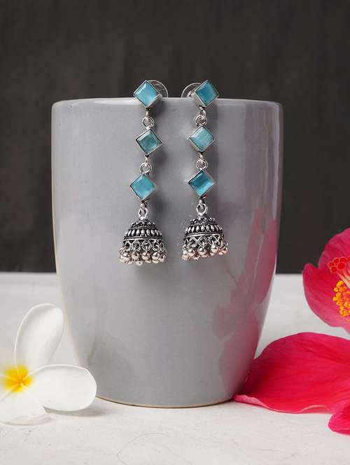 light blue & silver toned classic design crystal drop jhumki - 22014480 -  Standard Image - 0