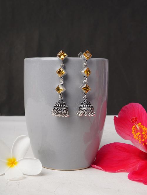 yellow & silver toned classic design crystal drop jhumki - 22014482 - Standard Image - 0