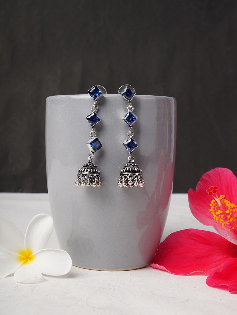 blue & silver toned classic design crystal drop jhumki - 22014488 - Zoom Image - 0