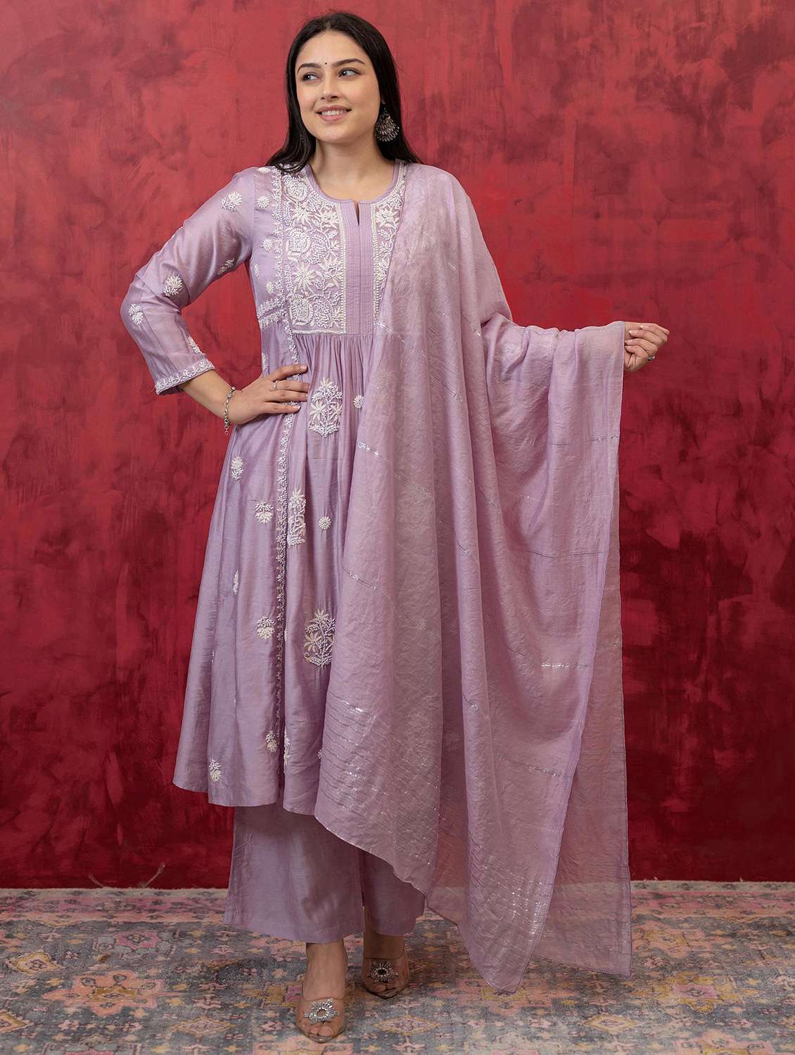 women three quarter sleeve kurta palazzo with dupatta set - 22014544 -  Zoom Image - 0